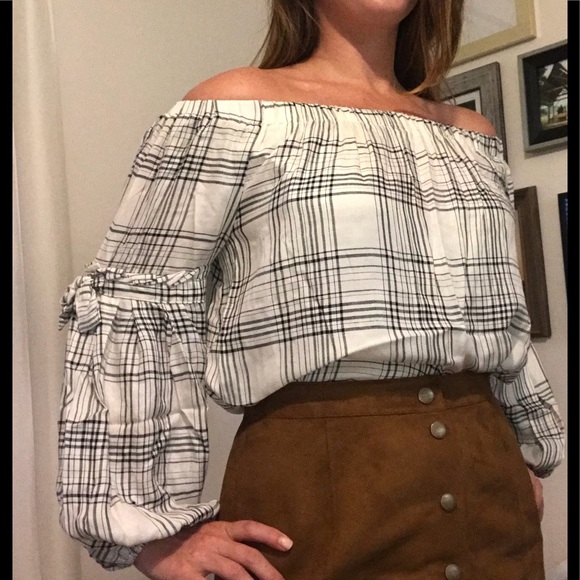 Nordstrom Black and white plaid peasant top - Picture 3 of 6